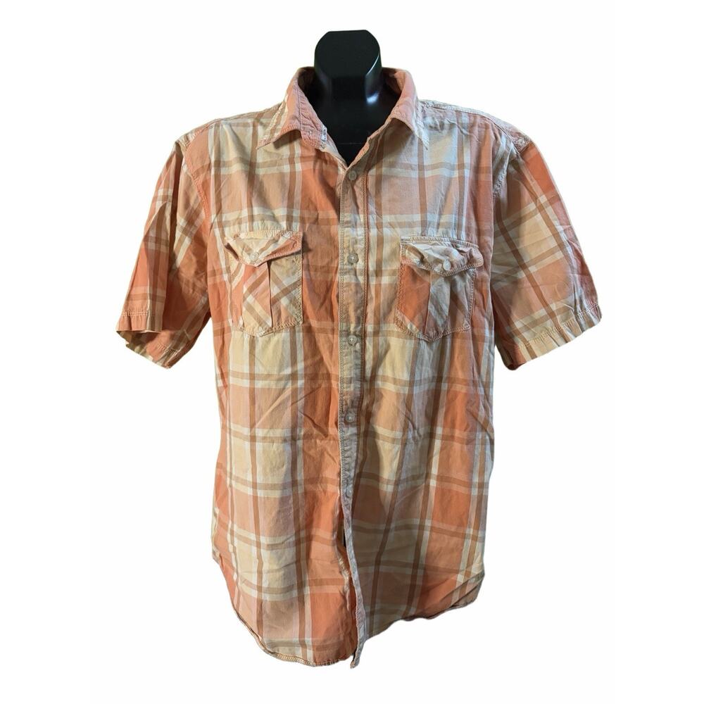PD&C Plaid Button Down Shirt Men’s XL Orange Peach Shirt Sleeve Cotton Casual